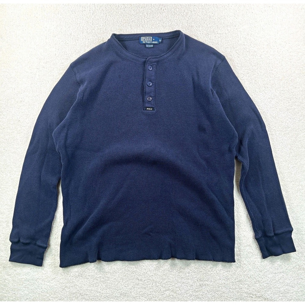 Vintage Polo Ralph Lauren Thermal Waffle Knit Henley Shirt Men's XL Navy Blue